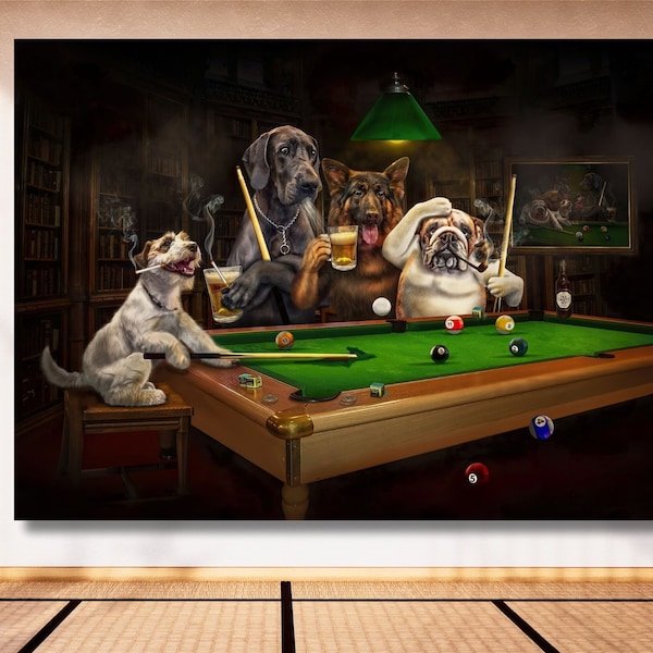 Funny Dogs Playing Billiards Wall Art , Pets Playing Pool Painting,Funny Pets Poster Canvas, Billiards Lover Gift,Home Decor,Wall Decor