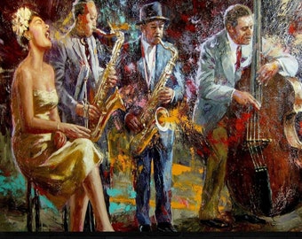 Könnte beinhalten: Ein Gemälde einer Jazzband mit einer Sängerin, zwei Saxophonisten und einem Kontrabassisten. Das Gemälde ist in einem farbenfrohen, abstrakten Stil gehalten.