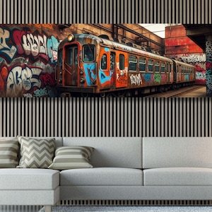 Panoramic Graffiti Subway Train  Print on Canvas,Urban Street Art, Industrial NYC Pop Art, Banksy style Modern Graffiti Wall Art Canvas 1