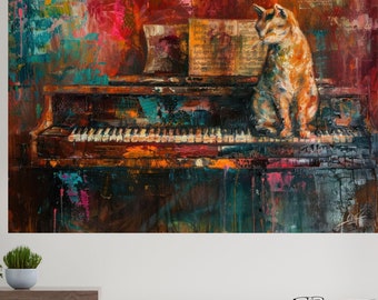 ピアノと猫のウォールアート、ピアノに座る猫のキャンバスアート、すぐ