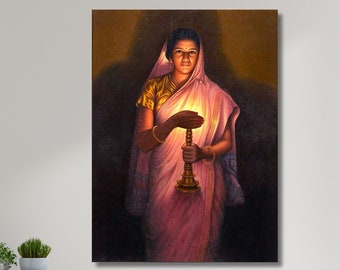 Lady With The Lamp by Raja Ravi Varma Paintings,Glow Of Hope by Raja Ravi Varma Paintings,Lady With The Lamp Poster Print,Indian Painting