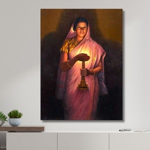 Lady With The Lamp by Raja Ravi Varma Paintings,Glow Of Hope by Raja Ravi Varma Paintings,Lady With The Lamp Poster Print,Indian Painting