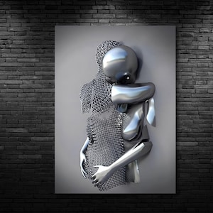 Love Heart 3D Grey Print,,Hugging Couple Painting,Canvas Love Heart Art,Silver Wall Art,Metallic Wall Art,3d Effect Canvas,Modern Wall Art