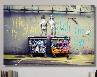 Banksy Life Is Short  Two Boys  Wall Art Canvas, Street Art Print, Graffiti Painting, 2