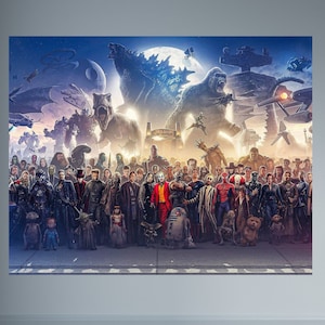 150 Blockbuster Fine Art Panorama Canvas Print, 150 Movie Blockbuster Characters Panorama,Eye Catcher, Panoramic Movie print, Movie Fan Gift