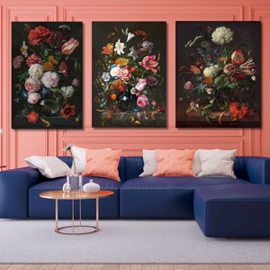 Conjunto de 3 impresiones artísticas sobre lienzo de Jan Davidsz.de Heem, Jarrón con flores (1660), pintura de Jan Davidsz.de Heem, bellas artes, arte mural de estilo de vida para el hogar