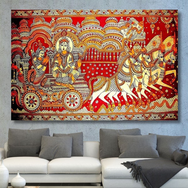 Krishna mit Arjun Indische Kunst, Rolled Madhubani Leinwand Malerei, Religiöse Leinwand Rolle, Indische Malerei, Indische Leinwand Kunst