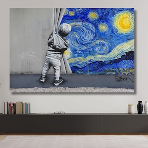 Arte callejero de Banksy Van Gogh, póster en lienzo de Banksy &quot;Noche estrellada&quot;, póster de pared de calle &quot;Noche estrellada&quot;, decoración de pared con grafiti callejero, decoración del hogar