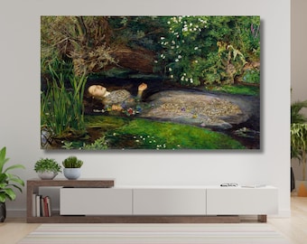 May include: A painting of a woman lying in a stream of water. The woman is wearing a white dress and has long, dark hair. The water is clear and the stream is surrounded by lush green foliage.