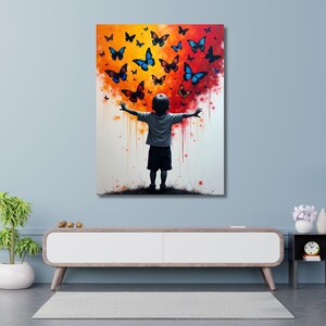 Banksy Style Boy and  Butterflies Canvas Wall Art,Urban Children Wall Art,Graffiti Street Art Gift for Kids Wall Art,Banksy Canvas Wall Art