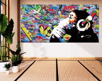 Banksy Dj Monkey with headphones Print on Canvas Wall art