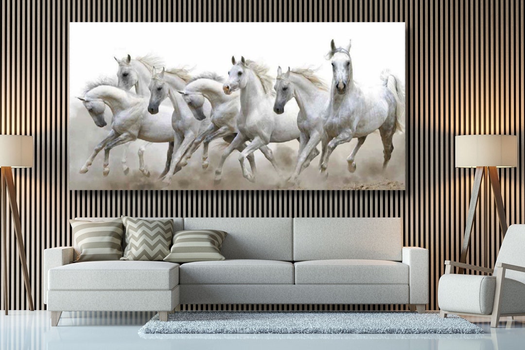 7 Running White Horses Painting Canvas Wall Art ,7 Running Horses Print ...
