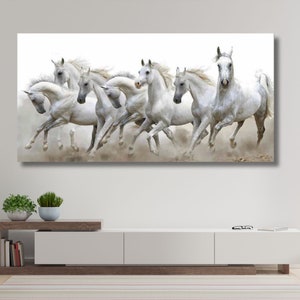 7 Running White Horses Painting Canvas Wall Art ,7 Running Horses Print ...