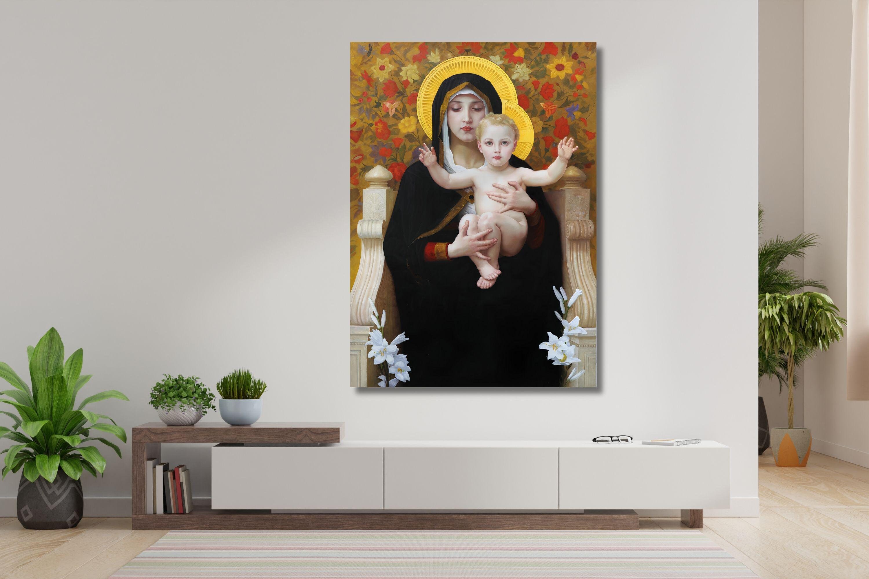 The Madonna Of The Lilies By William Adolphe Wall Art, William Adolphe Print,William Adolphe Wall Decor, Bouguereau Canvas Wall Art