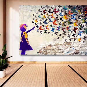 Banksy Girl and butterflies  Canvas,Banksy Butterfly Modern Street Graffiti, Wall Hanging Decor, Graffiti Canvas Art ,Home Decor,Wall Decor