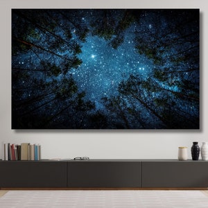 Impresión en lienzo de cielo estrellado de bosque nocturno, póster de cielo estrellado, decoración de pared, arte de pared para sala de estar, decoración de oficina, arte de pared rústico