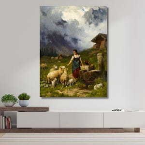 Könnte beinhalten: Eine Frau in traditioneller Kleidung steht an einem Brunnen in einer Berglandschaft. Sie füttert eine Gruppe von Schafen und Lämmern. Die Szene ist in einem realistischen Stil mit gedeckten Farben gemalt.