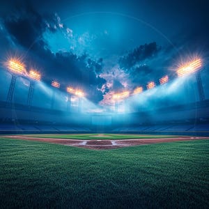 May include: A baseball field at night with the lights on. The field is empty and the grass is green. The sky is dark blue with clouds.