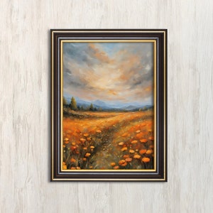 Autumn Orange Wildflower Landscape Oil Painting Design | Vintage Landscape Art Print | Instant Digital Download | Vintage Art