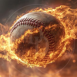 May include: A baseball engulfed in flames, with the fire creating a fiery halo around the ball.