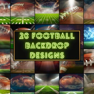 Puede incluir: Un collage de 20 dise&ntilde;os de fondos de f&uacute;tbol. Los dise&ntilde;os incluyen im&aacute;genes de balones de f&uacute;tbol, campos de f&uacute;tbol y escenas de estadio. El texto "20 FOOTBALL BACKDROP DESIGNS" se muestra en verde ne&oacute;n.