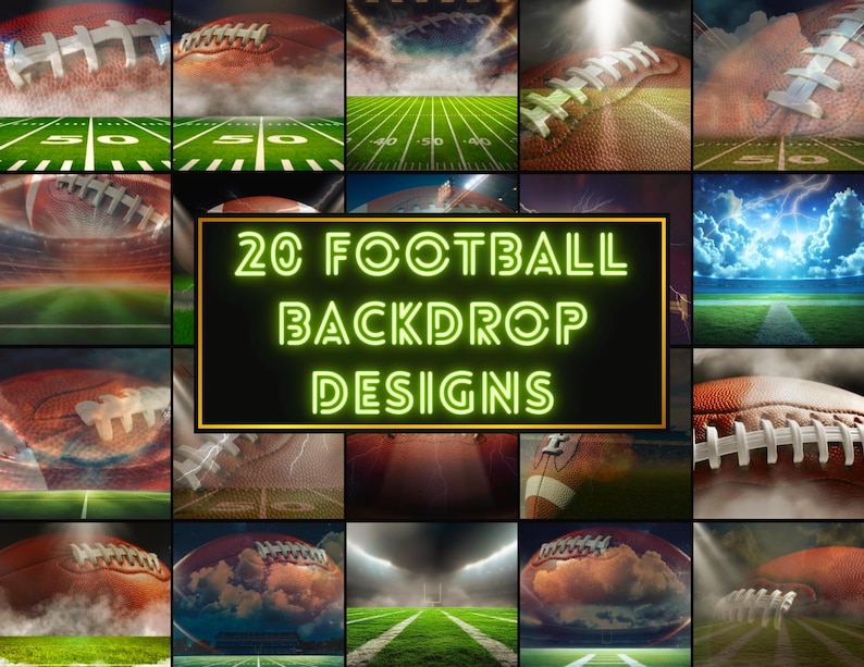 Puede incluir: Un collage de 20 dise&ntilde;os de fondos de f&uacute;tbol. Los dise&ntilde;os incluyen im&aacute;genes de balones de f&uacute;tbol, campos de f&uacute;tbol y escenas de estadio. El texto "20 FOOTBALL BACKDROP DESIGNS" se muestra en verde ne&oacute;n.
