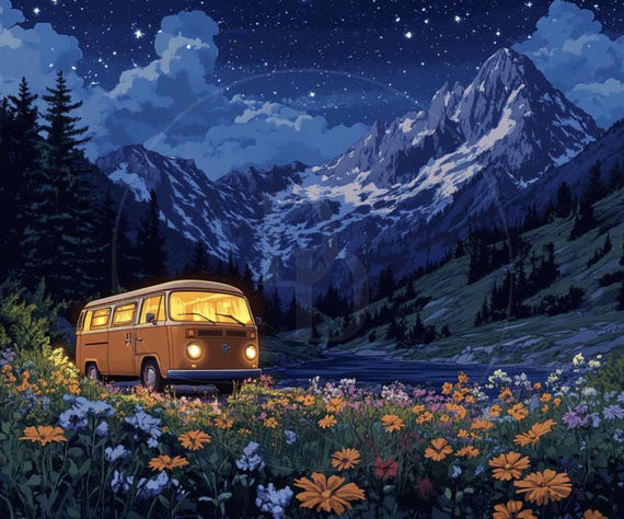 Starry Night Camper Van Print: Mountain Meadow VW Bus (digital
