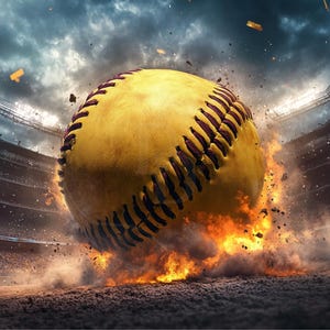 Puede incluir: Una pelota de softball amarilla con costuras rojas explota en una nube de fuego y polvo en un estadio de béisbol.
