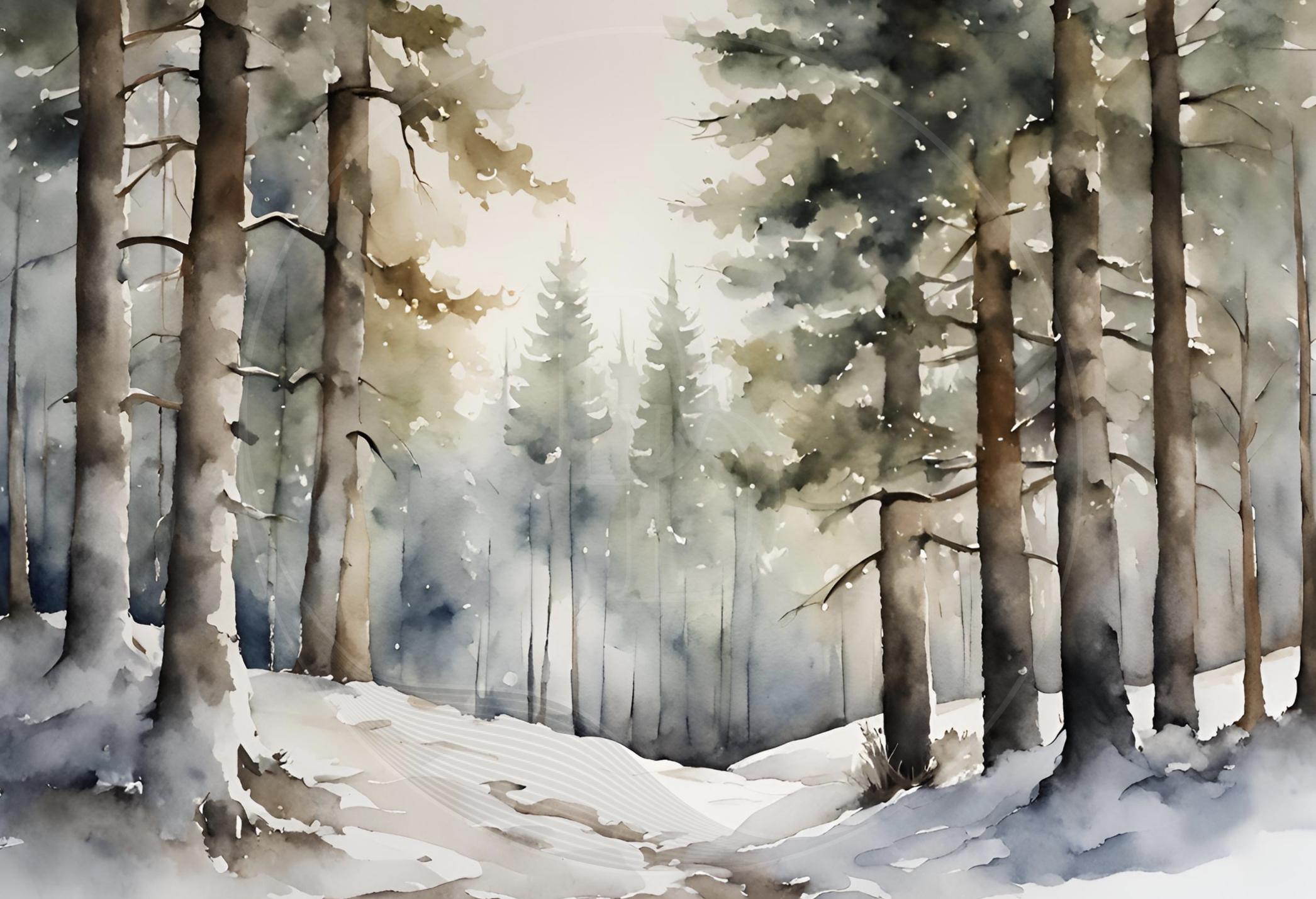 Watercolor Pine Tree Winter Print: Snow Landscape Wall Art (digital ...