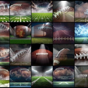 Puede incluir: Un collage de im&aacute;genes con balones de f&uacute;tbol americano y campos de f&uacute;tbol. Los balones son marrones con cordones blancos, y los campos son verdes con l&iacute;neas de yardas. Algunas im&aacute;genes incluyen efectos de iluminaci&oacute;n dram&aacute;ticos.
