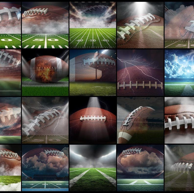 Puede incluir: Un collage de im&aacute;genes con balones de f&uacute;tbol americano y campos de f&uacute;tbol. Los balones son marrones con cordones blancos, y los campos son verdes con l&iacute;neas de yardas. Algunas im&aacute;genes incluyen efectos de iluminaci&oacute;n dram&aacute;ticos.