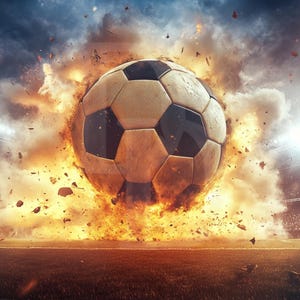 May include: A soccer ball, with black and white panels, explodes in a fiery burst. The image captures the ball mid-air, surrounded by flames and debris, set against a stadium backdrop with bright lights and a crowd.