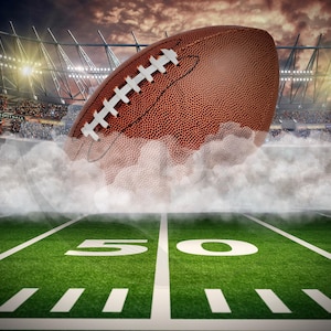 May include: A brown leather football is surrounded by white smoke on a green football field with white yard lines. The number 50 is visible on the field.