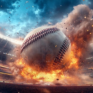 May include: A baseball explodes in a fiery explosion in a stadium setting. The baseball is white with red stitching. The stadium is filled with people and there is smoke and debris in the air.