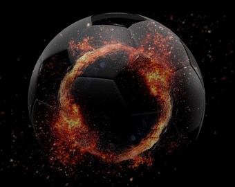 May include: A black soccer ball with flames erupting from the side, creating a fiery ring around the ball.
