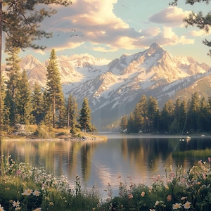 May include: A serene landscape painting of a lake surrounded by lush greenery and tall pine trees. Snow-capped mountains rise in the background under a cloudy sky. Wildflowers bloom in the foreground, adding color to the scene.
