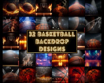 May include: 32 basketball backdrop designs featuring a variety of backgrounds, including fire, smoke, lights, and a basketball court. The backgrounds are all in different colors and styles, and they are all perfect for creating a unique and exciting basketball-themed design.