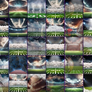 May include: A collage of 25 images depicting a football field with various backgrounds, including clouds, smoke, and stadium lights. The field is marked with yard lines and the number 50.