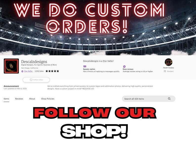 Puede incluir: Captura de pantalla de una p&aacute;gina de la tienda Etsy. El texto "WE DO CUSTOM ORDERS!" est&aacute; en ne&oacute;n rojo. Se muestra el nombre de la tienda "Descalzdesigns", con una insignia de "Vendedor Estrella". Tambi&eacute;n es visible el texto "FOLLOW OUR SHOP!"