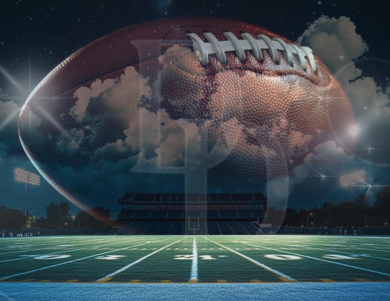 Puede incluir: Imagen compuesta de un bal&oacute;n de f&uacute;tbol americano marr&oacute;n con cordones blancos, superpuesto a un cielo nocturno nublado y un estadio. El bal&oacute;n parece flotar sobre un campo verde con marcas blancas.