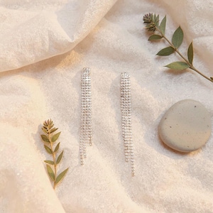 Peut inclure: Une paire de boucles d'oreilles pendantes argentées. Chaque boucle d'oreille est un rectangle vertical incrusté de petits cristaux étincelants. Les boucles d'oreilles sont présentées sur une surface texturée de couleur crème, avec des brins de verdure et une pierre grise lisse.