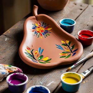 May include: A terracotta pear-shaped serving dish with hand-painted floral designs in yellow, blue, red, and green. The dish is surrounded by small paint pots and paintbrushes on a wooden surface.