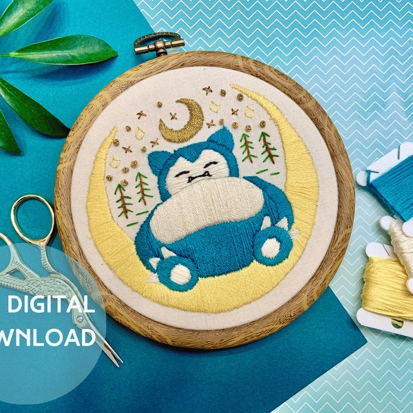 Snorlax Pokémon Hand Embroidery Pattern, Beginning Pattern with Step by Step Directions & Diagrams, 5" to 7" inch Hoop, Digital PDF Download