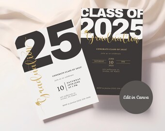 May include: Two black and white graduation party invitations with gold lettering. The top invitation says "Class of 2025 Graduation" and the bottom invitation says "Congrats Class of 2025!" with the date and time of the event. Both invitations have a gold graduation cap icon.