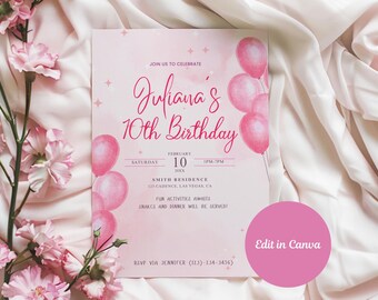 May include: Pink birthday invitation featuring a watercolour design of pink balloons and stars. The text reads "Join us to celebrate Juliana's 10th Birthday" with the date, time, and location of the party.