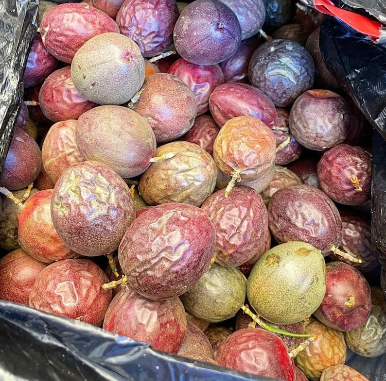Puede incluir: Primer plano de una gran bolsa de pl&aacute;stico llena de fruta de la pasi&oacute;n. La fruta es una mezcla de p&uacute;rpura, verde y marr&oacute;n, y algunas de las frutas se han cortado para revelar las semillas en el interior.