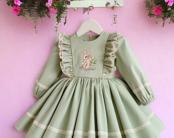 Bunny Embroidered Girls Easter Dress, Sage Green Baby Girl Easter Outfit, Kids Easter Bunny Dress, Cute Girls Easter Outfit
