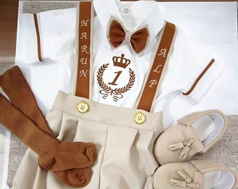 Beige Baby Boy Birthday Outfit Set, Baby Boy Embroidered Custom Name Birthday Photoshoot Outfit Ring Bearer Baptism Outfit Kids Wedding Suit