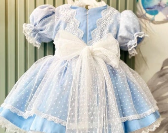 Baby Girl Birthday Dress, Kids Girls Pageant Dress, Blue Tulle Vintage Style Puffy Comfy Girl Birthday Party Dress, Girl Easter Dress