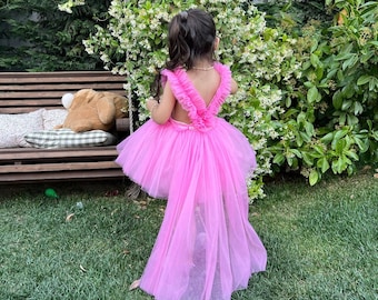 Vestido de fiesta de cumpleaños de tul desmontable rosa para niña pequeña, vestido para ocasiones especiales, vestido de fiesta de cumpleaños para niña pequeña, vestido de tutú rosa